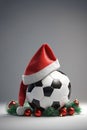 Santa hat on top of a soccer ball, christmas wallpaper, sports store banner Royalty Free Stock Photo