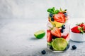 Infused detox water with blueberry, strawberry, lime and mint. Ice cold summer cocktail or lemonade. Royalty Free Stock Photo