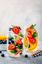 Infused detox water with blueberry, strawberry, orange and mint. Ice cold summer cocktail or lemonade. Royalty Free Stock Photo