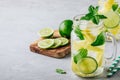 Infused detox water with pineapple, lime and mint. Ice cold summer cocktail or lemonade