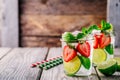 Detox water with strawberry, lime and mint. Ice cold summer cocktail or lemonade in glass mason jar Royalty Free Stock Photo