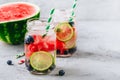 Infused detox water with watermelon, lime and blueberry.