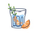 Infused sparkling water glass with rosemary and orange. Cold soda drink with citrus fruit slices. Summer refreshment Royalty Free Stock Photo