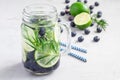Infused water with fresh blueberry, lime and rosemary, copy space