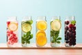 infused water with fruits and berries in glass jars on wooden table Royalty Free Stock Photo