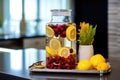 infused water jug with winter fruits on spa reception desk Royalty Free Stock Photo