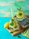 Infused water with lemon, cucumber and mint leaves over wooden background Royalty Free Stock Photo