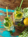 Infused water with lemon, cucumber and mint leaves over wooden background Royalty Free Stock Photo