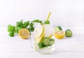 Infused Water With Lemon Cucumber and Mint on Wooden Background Detox Water Horizontal Lemonad Royalty Free Stock Photo