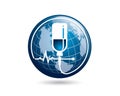 Infusion bottle inside globe earth for international medical logo