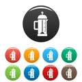 Infusion coffee pot icons set color