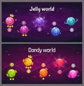 Ingame level up progress screen. Cosmic map with jelly and candy planets. Royalty Free Stock Photo