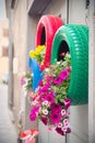 Ingenious, original and environmentally friendly method of recycling of tires car as planters (detail of the red and green)