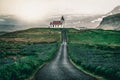 Ingjaldsholl church in Iceland and lupine flowers