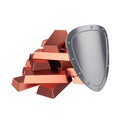 Ingots protected by shield isolated on white background, 3D rendering Royalty Free Stock Photo