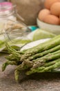 Ingrediens for delicious green asparagus quiche, tasty vegetaria Royalty Free Stock Photo