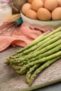 Ingrediens for delicious green asparagus quiche, tasty vegetarian food Royalty Free Stock Photo