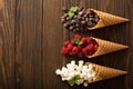 Ingrediens for smore`s dessert in a waffle cone Royalty Free Stock Photo