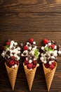 Ingrediens for smore`s dessert in a waffle cone Royalty Free Stock Photo