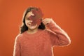 Ingredient in baking and sweetener. Maple syrup. Little child hold maple leaf. Small girl smiling with maple leaf. Maple Royalty Free Stock Photo