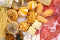 Ingredient food for Budae Jjigae, Korean hotpot, that have Kimchi, spam, sausages, pork, tofu, crispy wonton, ramen noodles and Royalty Free Stock Photo