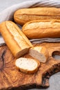 Ingredient for French breakfast, fresh baked crispy baguette white bread