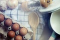 Ingredient in the kitchen with sunlight from the window. Close up view of ingredients of fried egg and vintage pot.