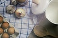 Ingredient in the kitchen with sunlight from the window. Close up view of ingredients of fried egg and vintage pot.