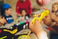 Ingredient for make home made Toy Called Slime, Teenager having fun and being creative homemade slime. Selective focus Royalty Free Stock Photo