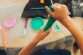 Ingredient for make home made Toy Called Slime, Teenager having fun and being creative homemade slime. Selective focus Royalty Free Stock Photo