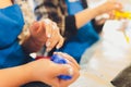 Ingredient for make home made Toy Called Slime, Teenager having fun and being creative homemade slime. Selective focus Royalty Free Stock Photo