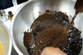 ingredient mixing for making coffee ground body scrub cream. homemade beauty skincare cosmetic