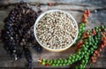 Ingredient white pepper on cup with branch of black pepper and f Royalty Free Stock Photo