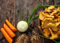 Ingredientes for vegan chanterelles mushroom soup