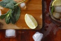 Ingredients for an alcoholic cocktail: ice, mint, lemon, lime. Rum, whiskey, cognac Royalty Free Stock Photo