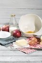 Ingredients for apple pie, apples, butter, eggs, flour, milk and sugar Royalty Free Stock Photo