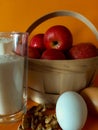 Ingredients for apple pie, flour, sugar, nuts and apples Royalty Free Stock Photo