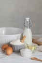 Ingredients for bakery butter flour, milk, oil, eggs, sugar, kitchen accessories Royalty Free Stock Photo