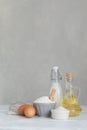 Ingredients for bakery butter flour, milk, oil, eggs, sugar, kitchen accessories Royalty Free Stock Photo