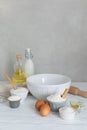 Ingredients for bakery butter flour, milk, oil, eggs, sugar, kitchen accessories Royalty Free Stock Photo