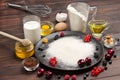 Ingredients for baking berry pie. Flour in black plate Royalty Free Stock Photo