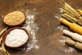 Ingredients for baking bread: wheat ears and a bowls of flour and grains Royalty Free Stock Photo