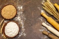 Ingredients for baking bread: wheat ears and a bowls of flour and grains Royalty Free Stock Photo