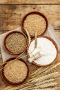 Ingredients for baking bread: wheat ears and a bowls of flour and grains Royalty Free Stock Photo