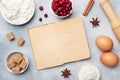 Ingredients for baking cookies, cupcakes and cake. Frame of Raw foods eggs flour sugar cottage cheese cranberries on a grey