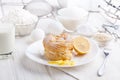 Ingredients for baking delicious cakes on a white wooden table Royalty Free Stock Photo