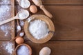 Ingredients for baking - eggs, flour and rolling pin