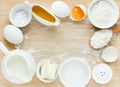Ingredients for baking - flour, eggs, salt, sugar, butter, milk.