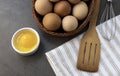 Ingredients for baking, kitchen utensils for cooking, fresh organic chicken eggs. Royalty Free Stock Photo