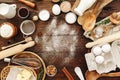 Ingredients for baking and kitchen utensils. Flour, eggs, sugar Royalty Free Stock Photo